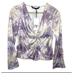 Zara Purple Marble Satin Effect Long Sleeve Printed Top Size Medium NWT